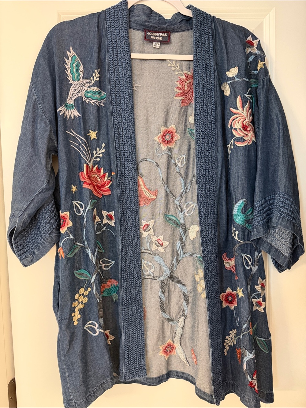 Johnny Was Indigo Embroidered Open-Front Kimono Cardigan